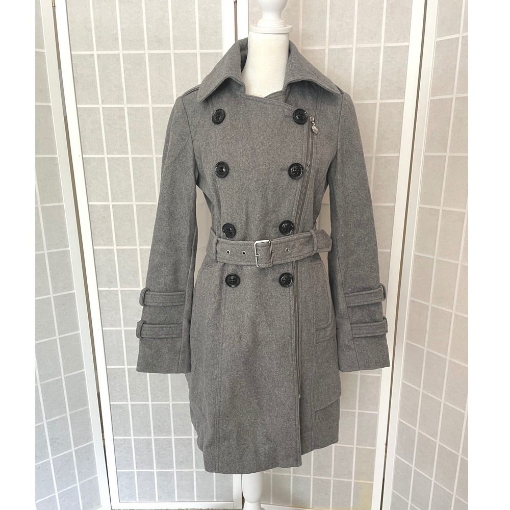 Guess Gray Wool Blend Trench Coat S Y2K City Chic Academia Preppy Mod Coquette